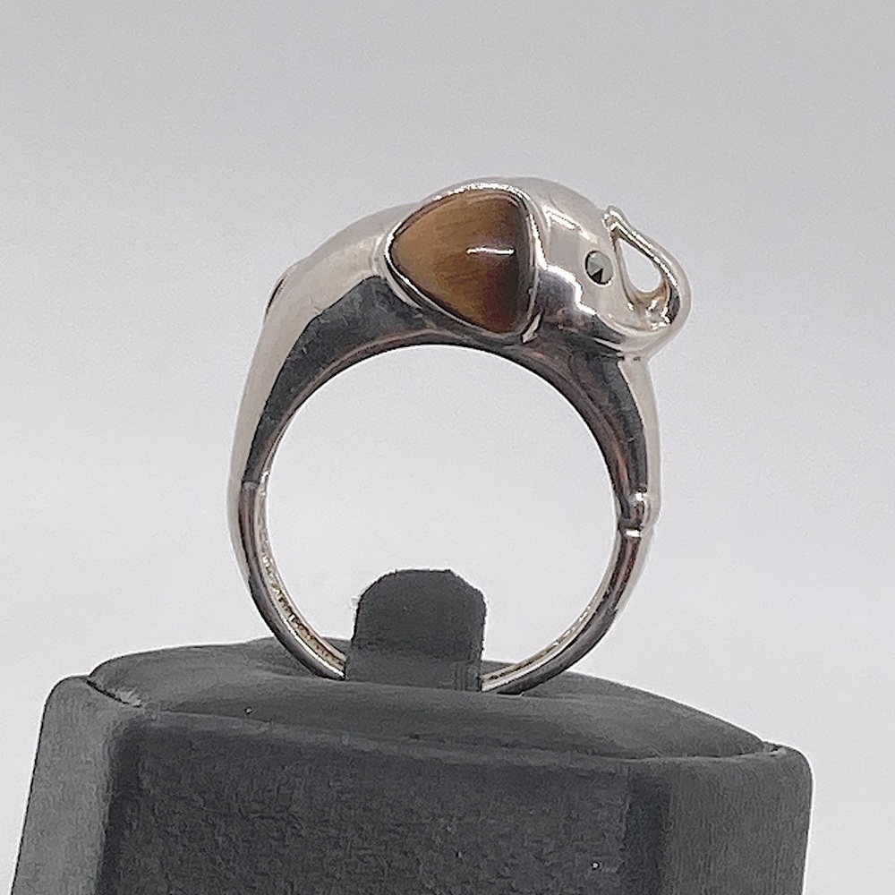 Vtg Sterling Silver & Tigers Eye Hematite Elephant Animal Ring | Sz 8